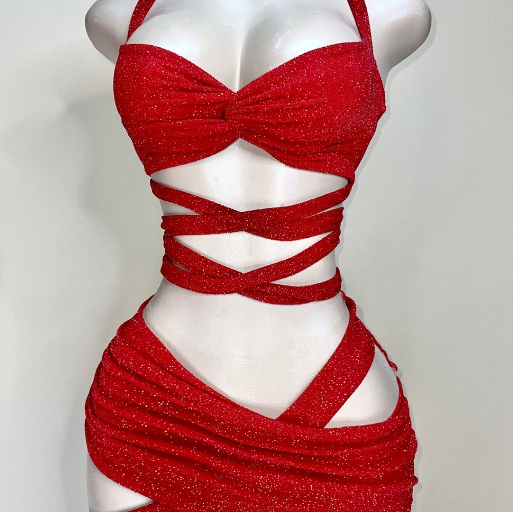 Red Glitter Skirt Set